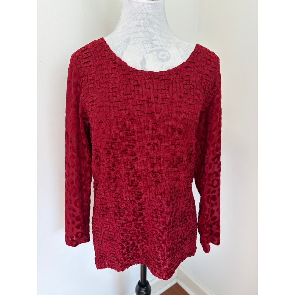 Rafael Popcorn Top Women L Y2K Mob Wife Red Leopard Sheer Sleeve Crinkle Blouse